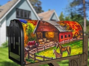 Farmhouse Barn and Horses Decorative Curbside Farm Mailbox Cover