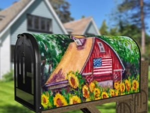 Cute American Barn in a Sunflower Field Decorative Curbside Farm Mailbox Cover