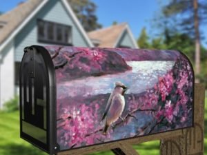 Waxwing Bird on a Blooming Tree Decorative Curbside Farm Mailbox Cover