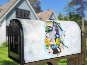 Yellow and Blue Bird Couple and a Birdhouse Decorative Curbside Farm Mailbox Cover