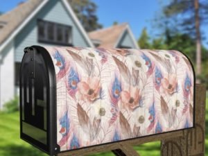 Rustic Flowers and Feathers on Wood Pattern Decorative Curbside Farm Mailbox Cover