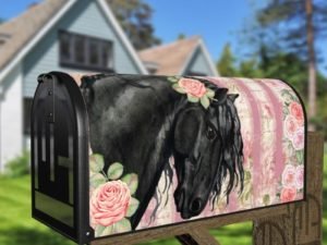 Beautiful Black Horse and Roses #1 Decorative Curbside Farm Mailbox Cover