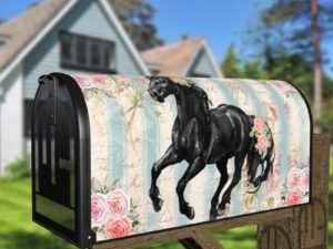 Beautiful Black Horse and Roses #2 Decorative Curbside Farm Mailbox Cover