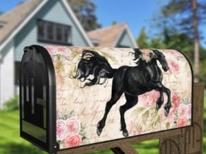 Beautiful Black Horse and Roses #3 Decorative Curbside Farm Mailbox Cover