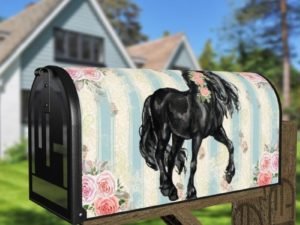 Beautiful Black Horse and Roses #4 Decorative Curbside Farm Mailbox Cover