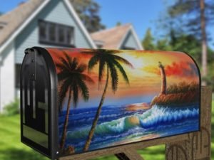 Beautiful Tropical Sunset and Lighthouse Decorative Curbside Farm Mailbox Cover