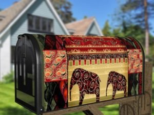 Bohemian Folk Art African Elephants Patchwork Pattern #3 Decorative Curbside Farm Mailbox Cover