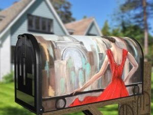 Elegant Red Dress Lady in Paris Decorative Curbside Farm Mailbox Cover