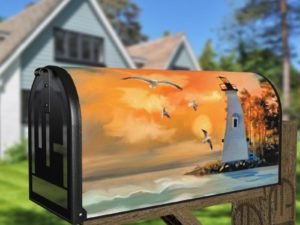 Orange Sunset and a Lighthouse Decorative Curbside Farm Mailbox Cover