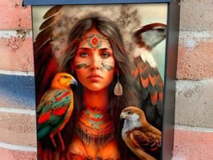 Native Girl with Hawks Colonial Mailbox Cover