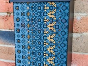 Blue and Yellow Folk Pattern Colonial Mailbox Cover