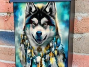 Native Husky with Feathers Colonial Mailbox Cover