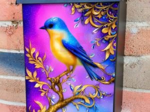 Whimsical Blue - Yellow Bird Colonial Mailbox Cover