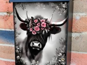 Black Bull with Pink Roses Colonial Mailbox Cover