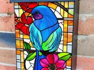 Stained Glass Blue Bird Pattern Colonial Mailbox Cover