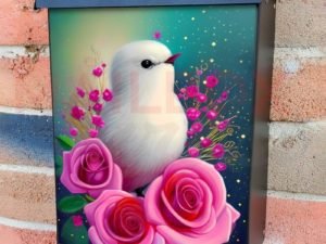 Fluffy White Bird and Roses Colonial Mailbox Cover