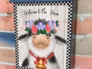 Farmhouse Cow with Flower Wreath Colonial Mailbox Cover