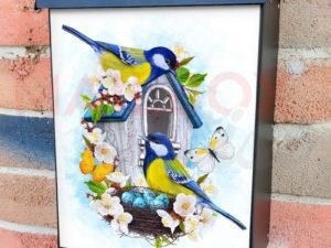 Blue Tit Couple with Birdhouse and Nest Colonial Mailbox Cover