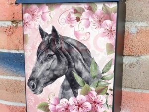 Black Stallion with Pink Flowers Colonial Mailbox Cover