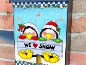 Cute Penguins with a Sign Colonial Mailbox Cover