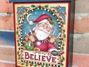 Santa and Reindeer with a Believe Sign Colonial Mailbox Cover