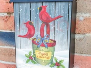 Cardinals on a Birdseed Bucket Colonial Mailbox Cover