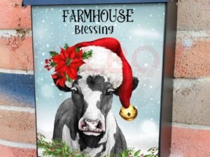 Farmhouse Cow in Santa Hat Colonial Mailbox Cover