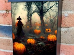 Witch on a Pumpkin Field Colonial Mailbox Cover