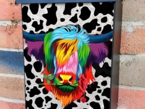 Rainbow Bull on Cowhide Pattern Colonial Mailbox Cover