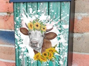Sunflower Cow Design on Wood Patter Colonial Mailbox Cover