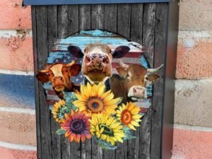 Cow Trio with USA Flag and Sunflowers Colonial Mailbox Cover