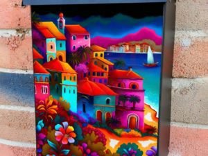 Colorful Seaside Village  Colonial Mailbox Cover
