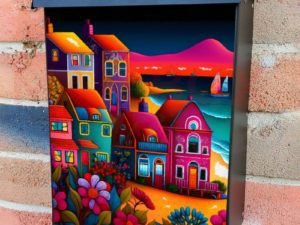 Colorful Seaside Village #2 Colonial Mailbox Cover