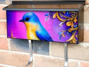 Whimsical Blue - Yellow Bird Townhouse Mailbox Cover