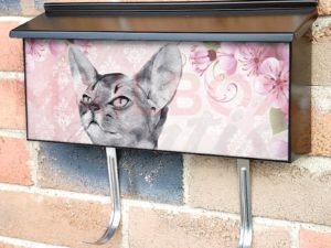 Grey Sphinx Cat and Pink Flowers Townhouse Mailbox Cover