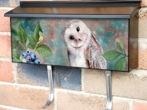 Cute Barn Owl Sitting on a Blue Pumpkin Townhouse Mailbox Cover