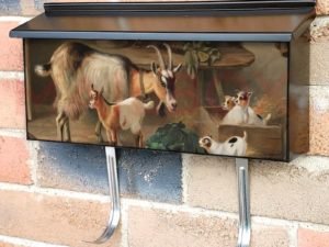 Goats and Puppies in a Farm Kitchen Townhouse Mailbox Cover