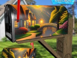 Riverside Cottage in the Sunset Decorative Rural Farm Mailbox Cover