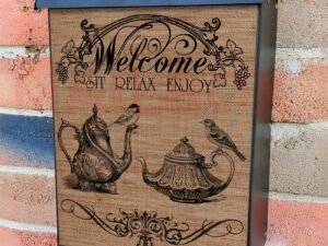 Vintage Tea with Birds Burlap Pattern Colonial Mailbox Cover
