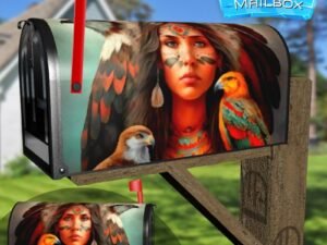 Native Girl with Hawks Decorative Rural Farm Mailbox Cover