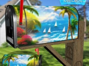 Sea, Palm Trees ans Sailboats Decorative Rural Farm Mailbox Cover
