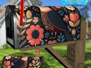Vintage Folk Bird and Flowers #2 Decorative Rural Farm Mailbox Cover