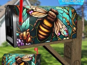 Stained Glass Bee and Flowers Design Decorative Rural Farm Mailbox Cover