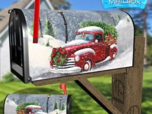 Red Truck in the Snowfall Decorative Rural Farm Mailbox Cover