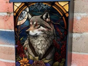 Stained Glass Wolf and Flowers Design Colonial Mailbox Cover