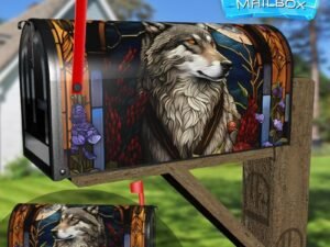 Stained Glass Wolf and Flowers Design Decorative Rural Farm Mailbox Cover