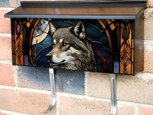 Stained Glass Wolf and Flowers Design Townhouse Mailbox Cover