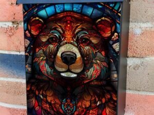 Stained Glass Beautiful Bear Design Colonial Mailbox Cover
