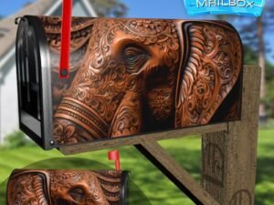 Tooled Leather Elephant Design Decorative Rural Farm Mailbox Cover
