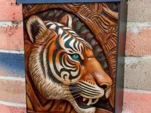 Tooled Leather Tiger Design Colonial Mailbox Cover